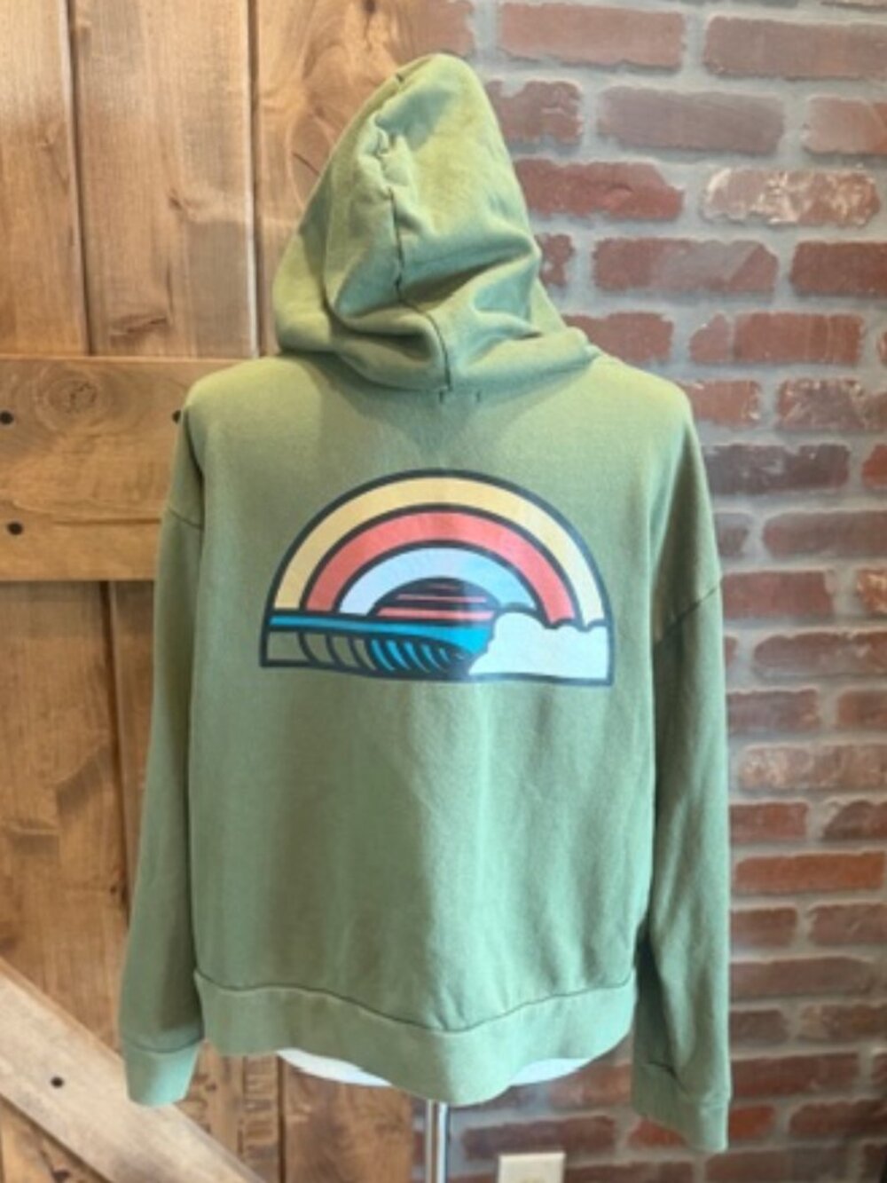 O’Neill Hoodie Womens Medium Green Surf Graphic Pullover Sweatshirt Rainbow